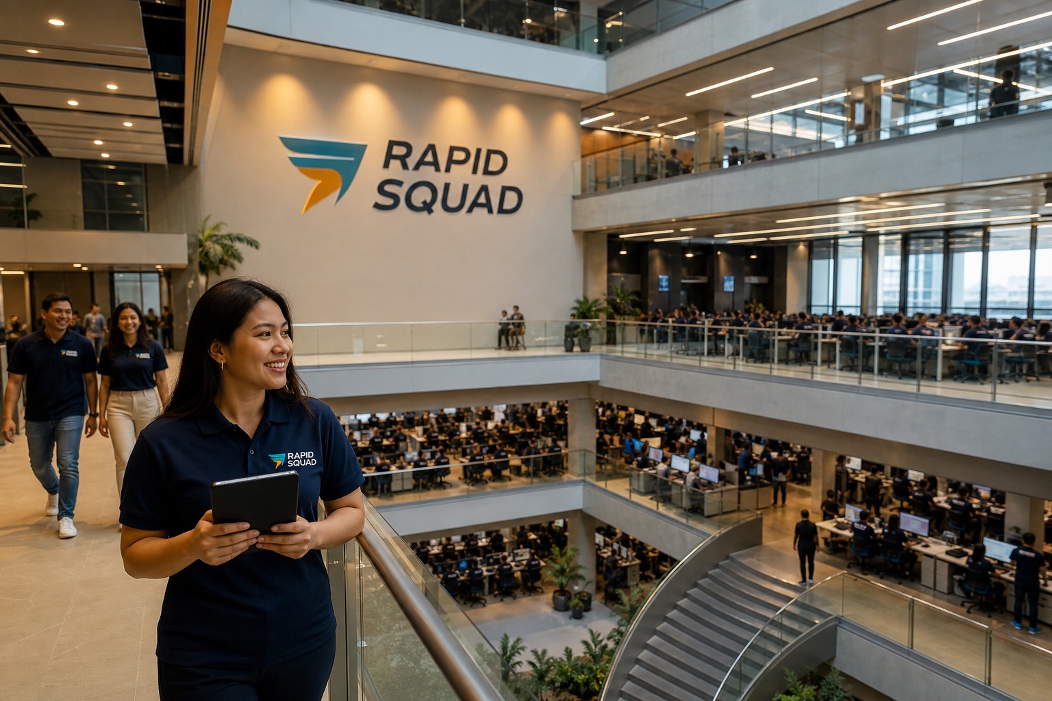 Multi-floor Rapid Squad BPO facility atrium with agents in branded attire on operations floors