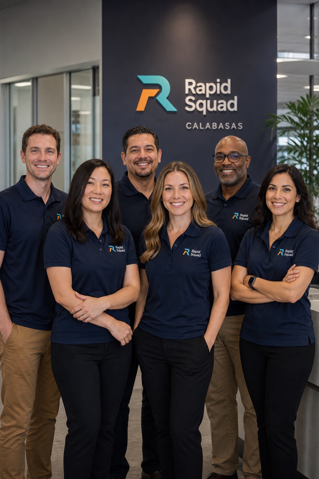 Diverse Rapid Squad team in custom logo polo shirts, group portrait