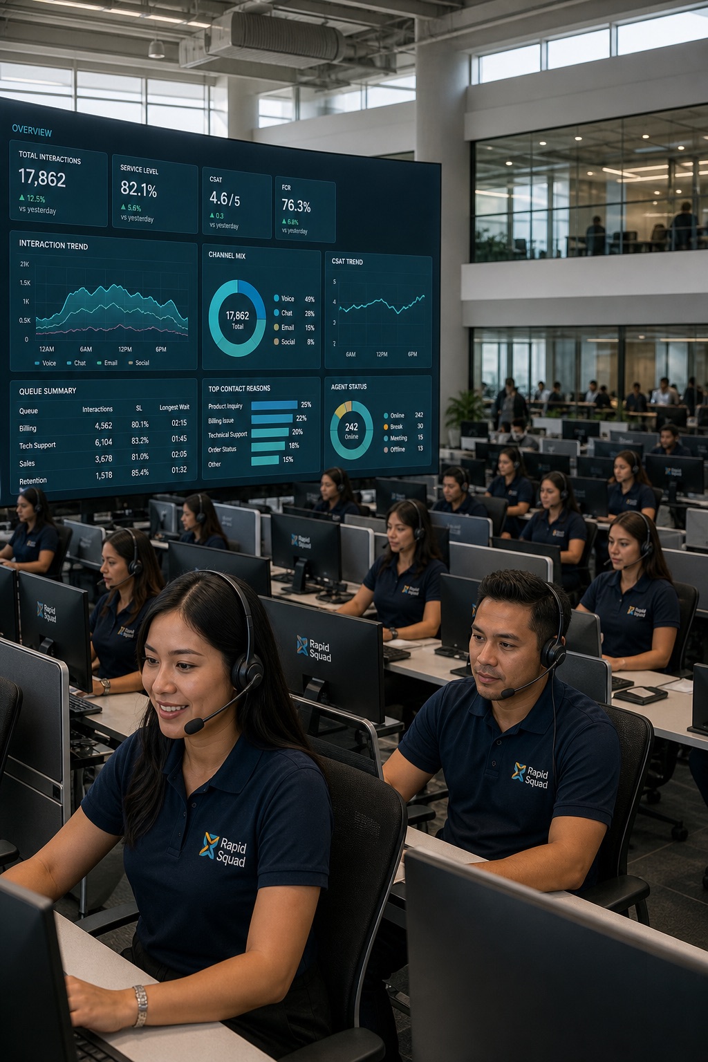 Rapid Squad agents in branded navy polos working on an omnichannel command center floor with live QA wall
