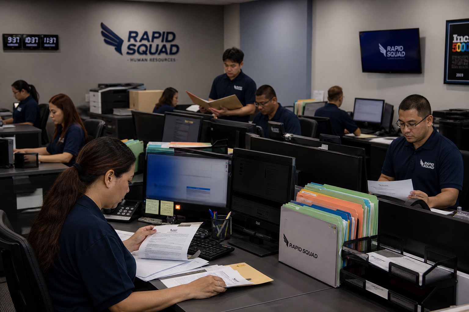 Rapid Squad back-office agents in logo polos processing documents at dual screens