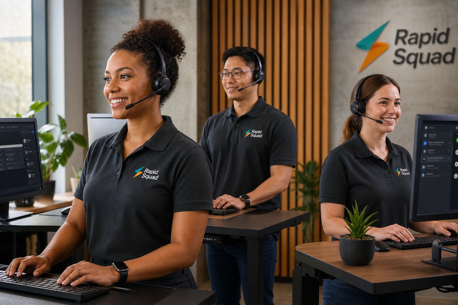 Rapid Squad customer support agents in branded polos with headsets at standing desks