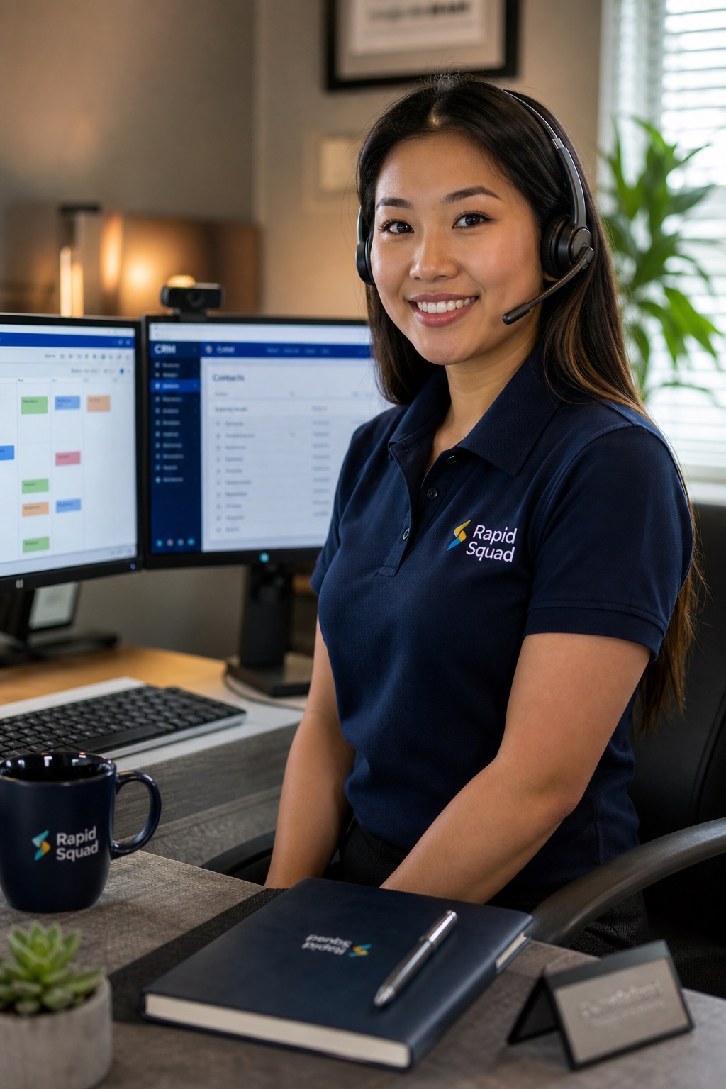 Rapid Squad virtual assistant in branded polo on video call with calendar and CRM monitors