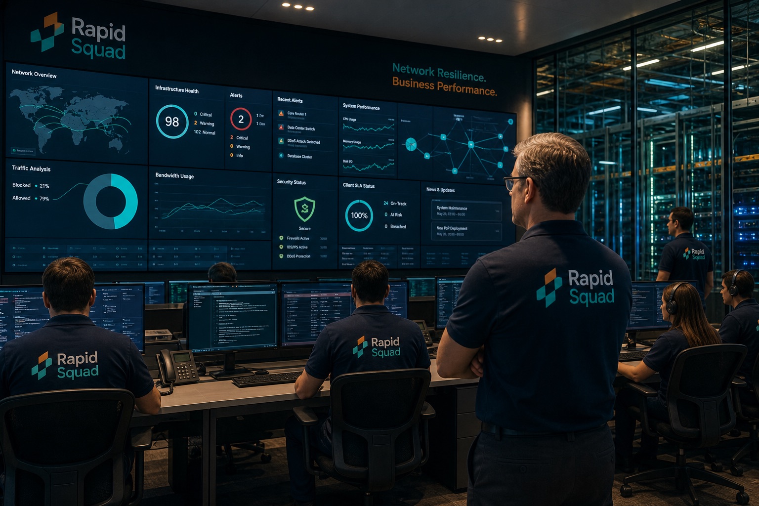 Rapid Squad network operations center with monitoring walls and staff in branded attire